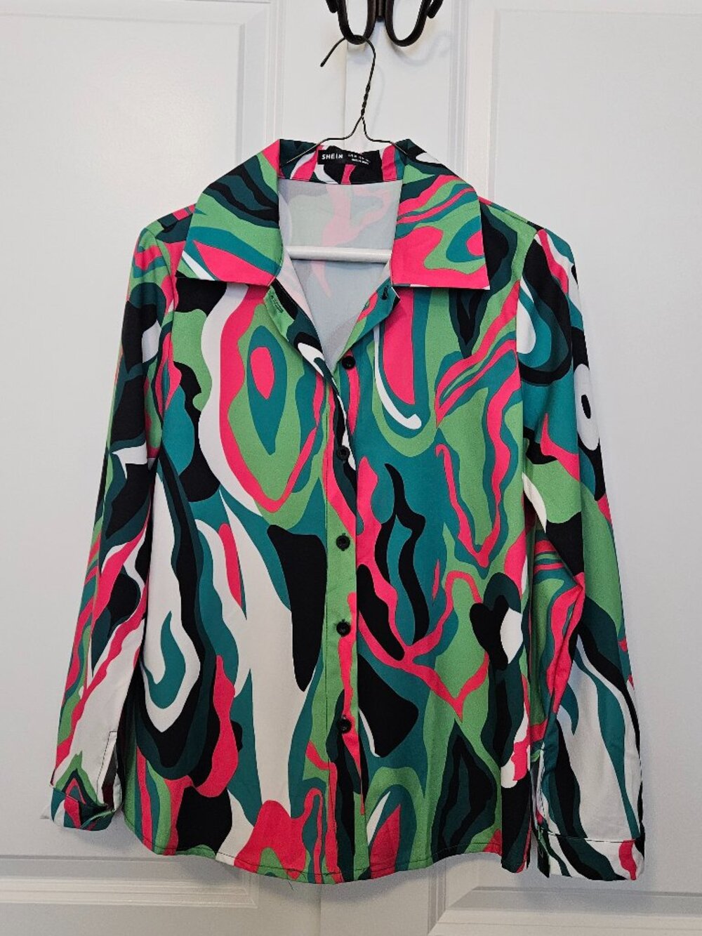 SHEIN Green Pink Abstract Swirl Print Button Up Shirt Size XS Green, teal and pi